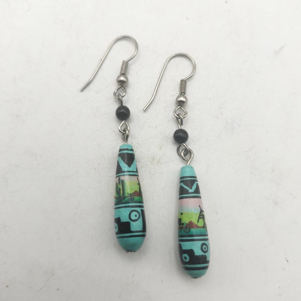 Hand Painted Peruvian Style Turquoise Ceramic Southwest Cactus Dangle Earrings